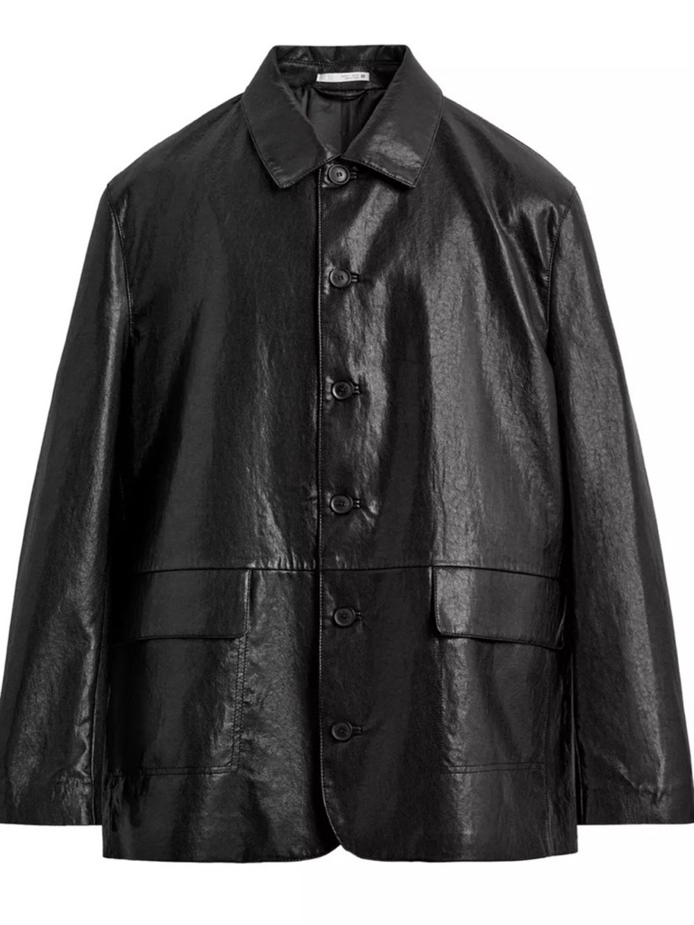 ZARA Men's Black Leather Button-Up Coat